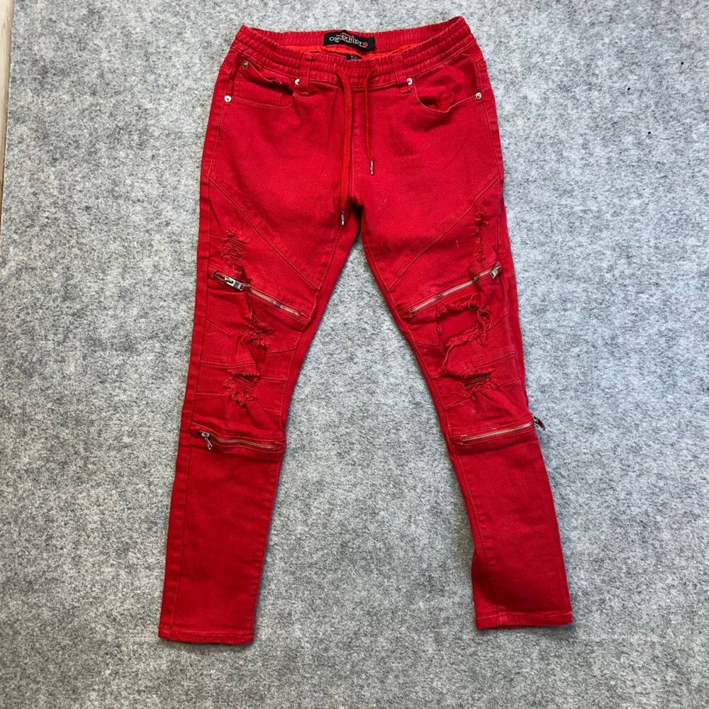Copper Rivet Moto Joggers Mens 29X29 Red Distressed Biker Denim Pants